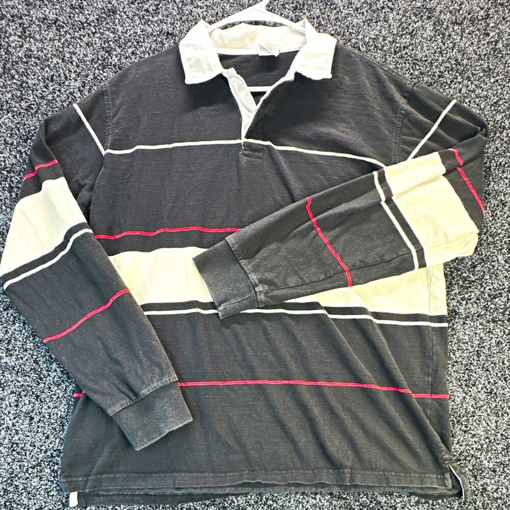 Urban Outfitters Mens Large Striped Rugby Shirt Long Sleeve Black Cream Y2K
